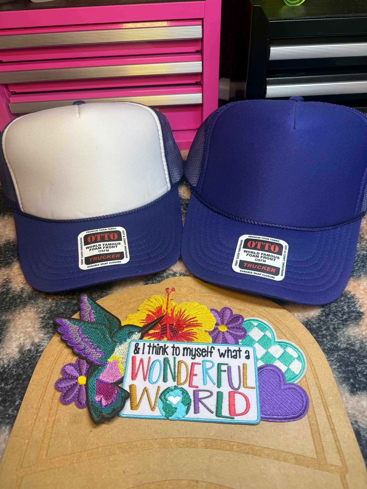 DEBRAS CUSTOM , purple hat . Unlimited patches $45